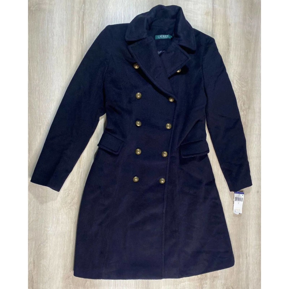 Polo Ralph Lauren Women 2 Navy Wool Coat Double Breasted Military Maxi $299